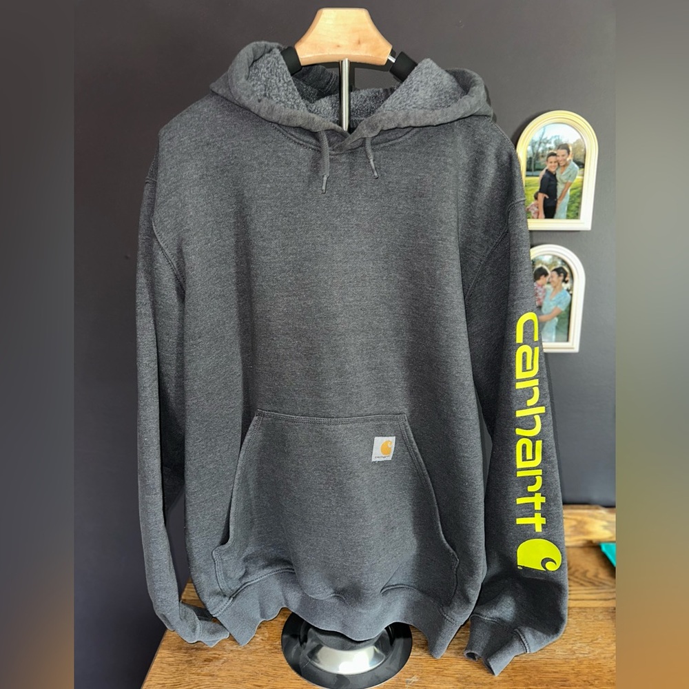 Carhartt Men's Charcoal Hooded Sweatshirt with Yellow Logo Sleeve